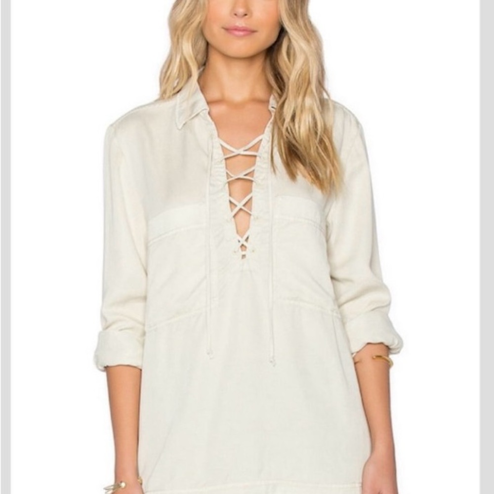 Free People Cream Lace-Up Blouse